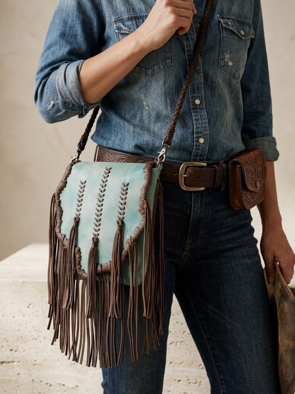 American Darling Turquoise Mesa Sky Fringe Crossbody Messenger Bag